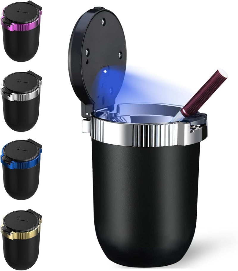 Windshoon Smokeless Car Ashtray with Lid - Stainless Steel Inner Container Windproof Ashtray, Portable LED Blue Light Auto Accessories for Travel, Detachable Mini Trash Can (Silver 1-Pack) - Image 1